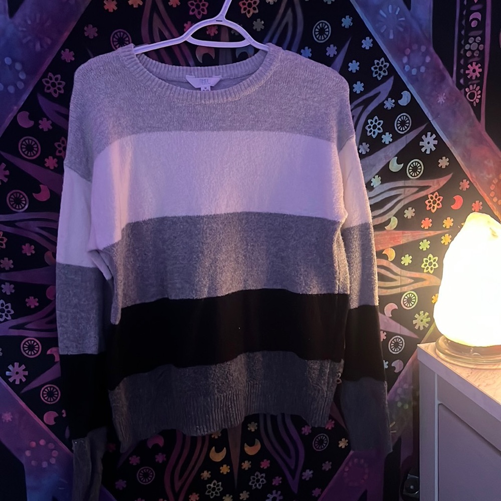 super cozy grey and black striped sweater